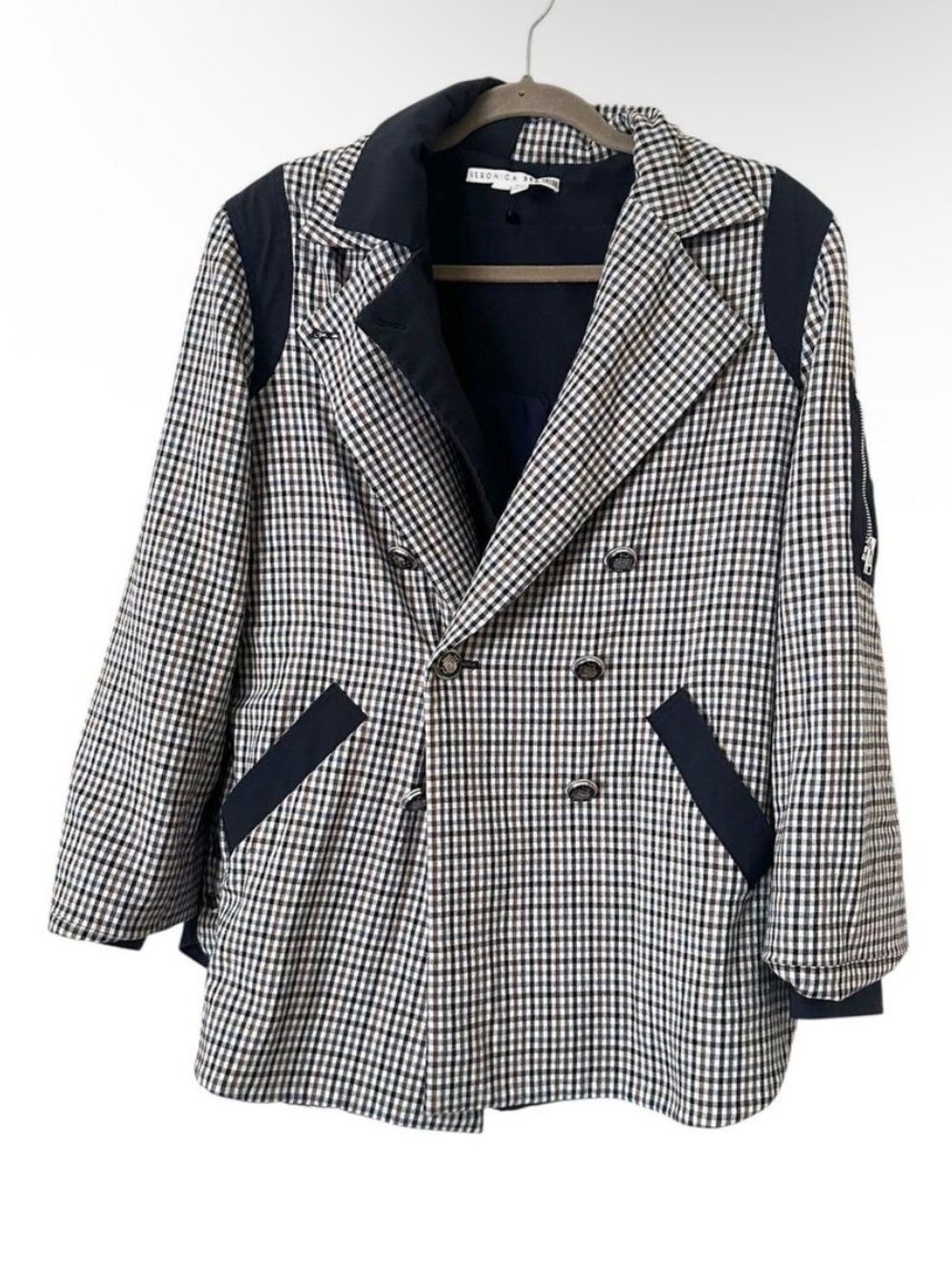 Veronica Beard Navy and White Houndstooth Double-Breasted Peacoat